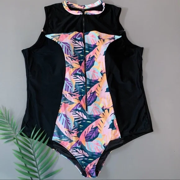 TORRID zippered tropical one piece rashguard swimsuit, 6X. - Picture 3 of 9